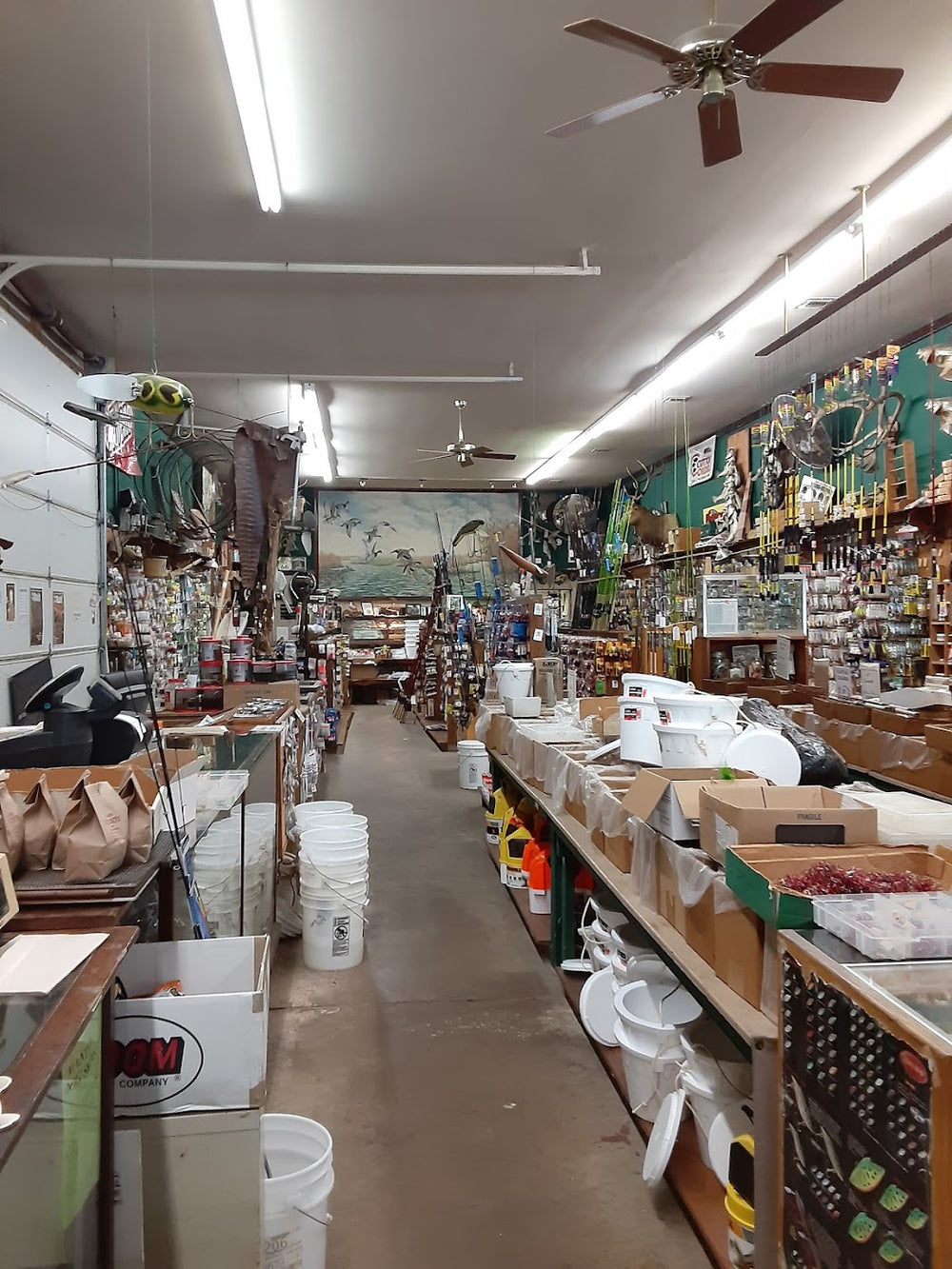 Vintage tackle on the walls. Not decoration — a record.